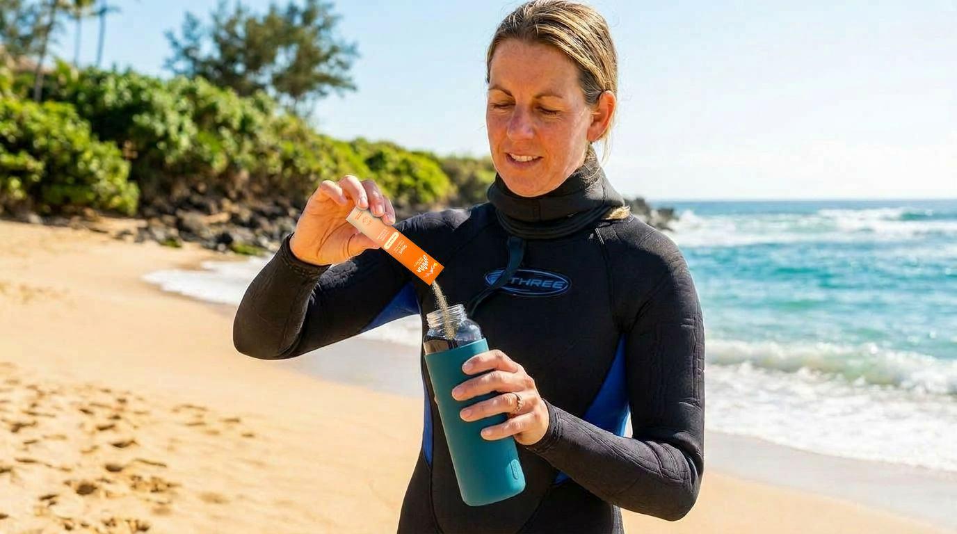 Pouring a stick into a bottle after getting out of the water