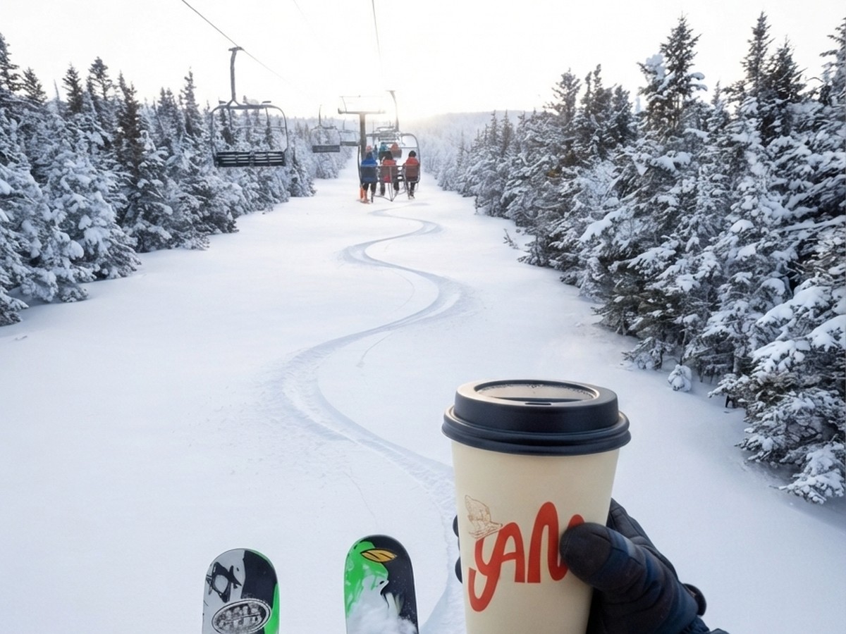 POV from a chairlift, holding a cup of Bāng Máng over a snowy run